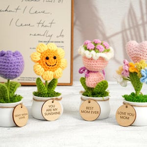 Könnte beinhalten: Vier gehäkelte Blumenarrangements in weißen Keramikbehältern mit Holzetiketten. Die Etiketten tragen verschiedene Botschaften, darunter "Du bist mein Sonnenschein", "Beste Mama aller Zeiten", "Liebe Grüße geschickt" und "Ich liebe dich Mama".