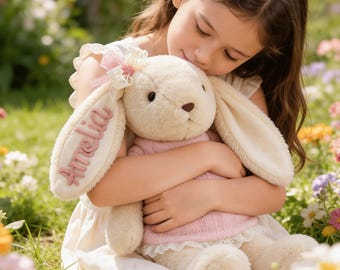 Coniglietto di peluche personalizzato con ricamo, bambola con nome personalizzato, regalo per la nipotina, giocattolo morbido con scritta in filato, ricordo per neonati