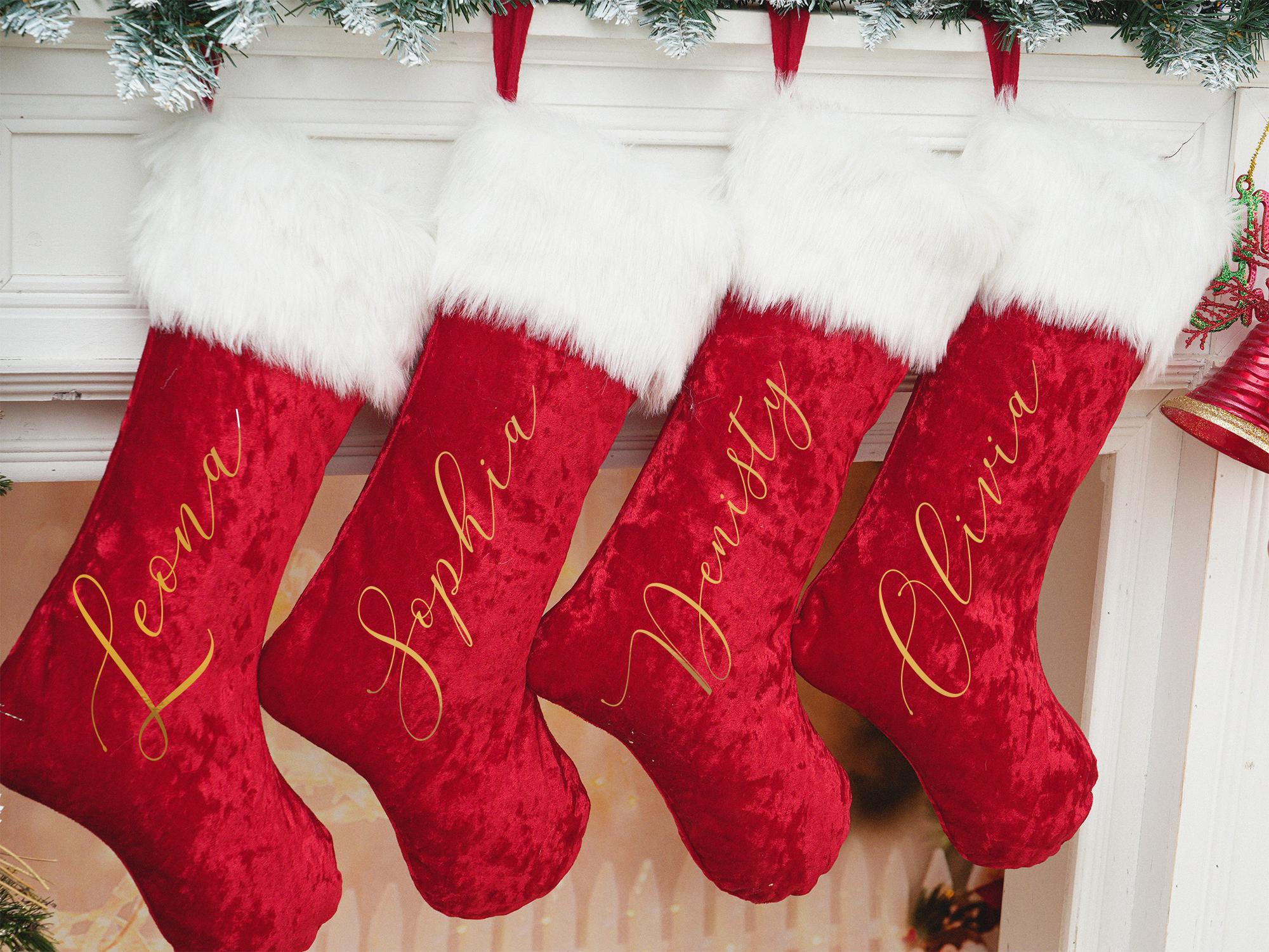 Personalized Xmas Stocking with Name,Red Velvet Plush Personalized Stocking,Velvet Custom Stocking,Family Stockings,Red Christmas Stocking