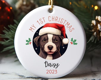 Pitbull perro primer adorno navideño, adorno personalizado de retrato de mascota, adorno navideño, cachorro 1a Navidad