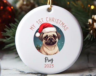 Adorno navideño para perro carlino, retrato personalizado de mascota, primera Navidad de cachorro