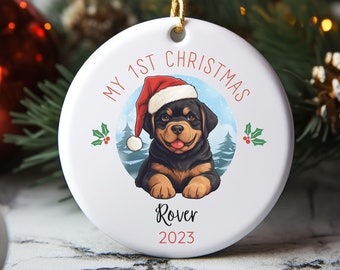 Rottweiler Primer adorno navideño, Adorno personalizado de retrato de mascota, Adorno navideño, Cachorro 1a Navidad