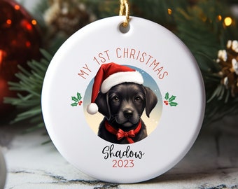 Adorno navideño de primer perro labrador negro, adorno personalizado con retrato de mascota, adorno navideño, primer cachorro, adorno navideño para perro