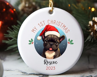 Adorno navideño con el primer bulldog francés, adorno con retrato de mascota personalizado, adorno navideño, primer cachorro, adorno navideño para perro