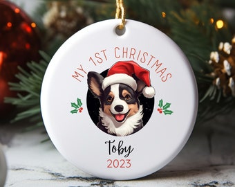 Adorno navideño para el primer cumpleaños de un perro Corgi negro, adorno personalizado con retrato de mascota, adorno navideño, primer cumpleaños de un cachorro