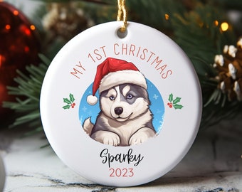 Husky Primer adorno navideño, Adorno personalizado de retrato de mascota, Adorno navideño, Cachorro 1a Navidad