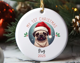 Pug perro primer adorno de Navidad, adorno de retrato de mascota personalizado, adorno de Navidad, cachorro 1a Navidad