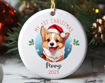 Adorno navideño para el primer perro Corgi, adorno personalizado con retrato de mascota, adorno navideño, primer cachorro para la Navidad