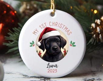 Adorno navideño de primer perro labrador negro, adorno personalizado con retrato de mascota, adorno navideño, primer cachorro, adorno navideño para perro
