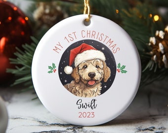 Adorno navideño Golden Doodle para la primera Navidad, adorno personalizado con retrato de mascota, adorno navideño, cachorro para la primera Navidad