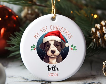 Pitbull perro primer adorno navideño, adorno personalizado de retrato de mascota, adorno navideño, cachorro 1a Navidad