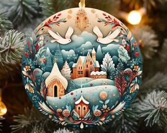 Adorno navideño, dos palomas blancas en una escena del país de las maravillas invernales, regalo de Navidad, adorno navideño cristiano, impreso en la parte delantera y trasera