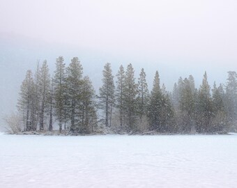 Winter Snowfall Landscape Print, Serene Frozen Lake Wall Art