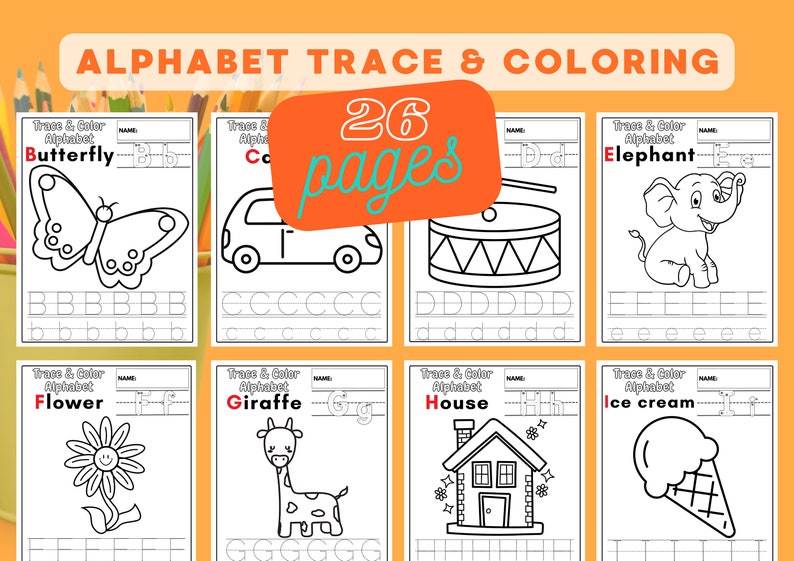 26 Printable Alphabet Trace, Alphabet Coloring Worksheets, Preschool ...