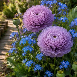 May include: Two large, ruffled, lavender-coloured poppy flowers with dense, layered petals stand prominently among numerous small, bright blue flowers and several round, green, unopened poppy seed pods on slender green stems.
