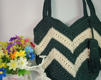 Earth Tone Crochet Tote Bag, available in 4 colors: Dark Green, Dark Red, Navy Blue, Brown.