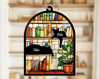 Custom Cats Bookshelf Suncatcher, Reading Suncatcher, Cat Lover Gift, Bookish Gift, Window Hangings, Gift for Cat Lover, Gift for Book Lover