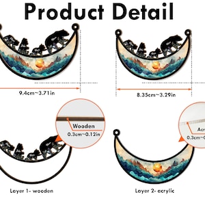 May include: A layered wooden and acrylic wall hanging in the shape of a crescent moon with a family of bears walking across the moon. The moon has a sunset scene with orange, yellow, and blue colors. The wooden layer is 0.12 inches thick and the acrylic layer is 0.12 inches thick. The overall dimensions of the hanging are 3.71 inches by 3.29 inches.