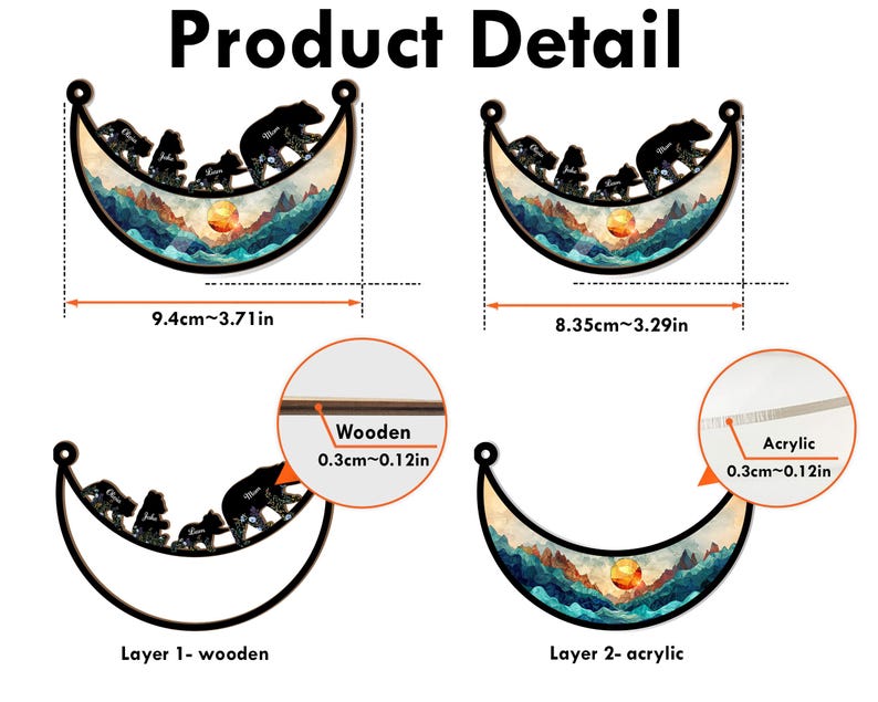 May include: A layered wooden and acrylic wall hanging in the shape of a crescent moon with a family of bears walking across the moon. The moon has a sunset scene with orange, yellow, and blue colors. The wooden layer is 0.12 inches thick and the acrylic layer is 0.12 inches thick. The overall dimensions of the hanging are 3.71 inches by 3.29 inches.