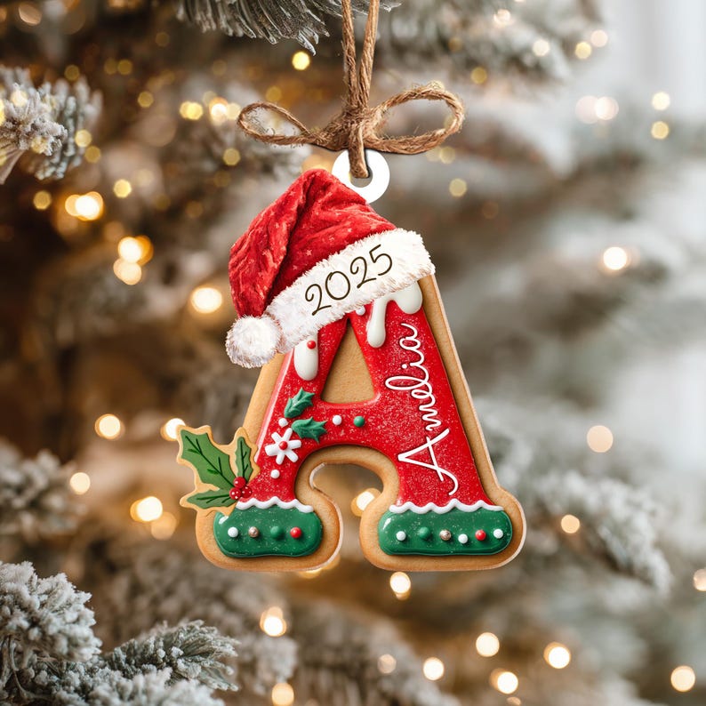 Pu&ograve; includere: Un ornamento natalizio a forma di lettera "A" con un cappello da Babbo Natale. L'ornamento rosso presenta l'anno "2025" e il nome "Amelia". Decorato con agrifoglio e glassa verde, &egrave; appeso a un anello di spago.