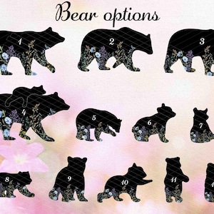 May include: Twelve different bear silhouette options with floral patterns. The bears are numbered 1 through 12.  Bear options.