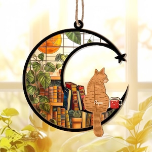 Personalized Cat Book Suncatcher, Custom Reading Cat Suncatcher, Bookish Gift, Cat Window Hangings, Gift for Cat Lover, Gift for Book Lovers