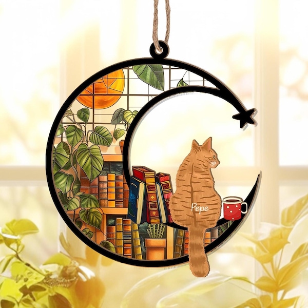 Personalized Cat Book Suncatcher, Custom Reading Cat Suncatcher, Bookish Gift, Cat Window Hangings, Gift for Cat Lover, Gift for Book Lovers