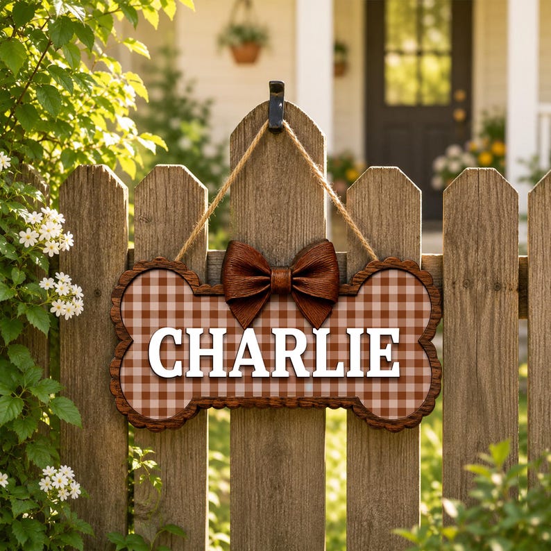 Puede incluir: Un letrero de madera con forma de hueso que presenta un patr&oacute;n de cuadros marrones y blancos con el nombre CHARLIE impreso en letras may&uacute;sculas blancas. El letrero est&aacute; decorado con un lazo marr&oacute;n en la parte superior y cuelga de una cuerda.