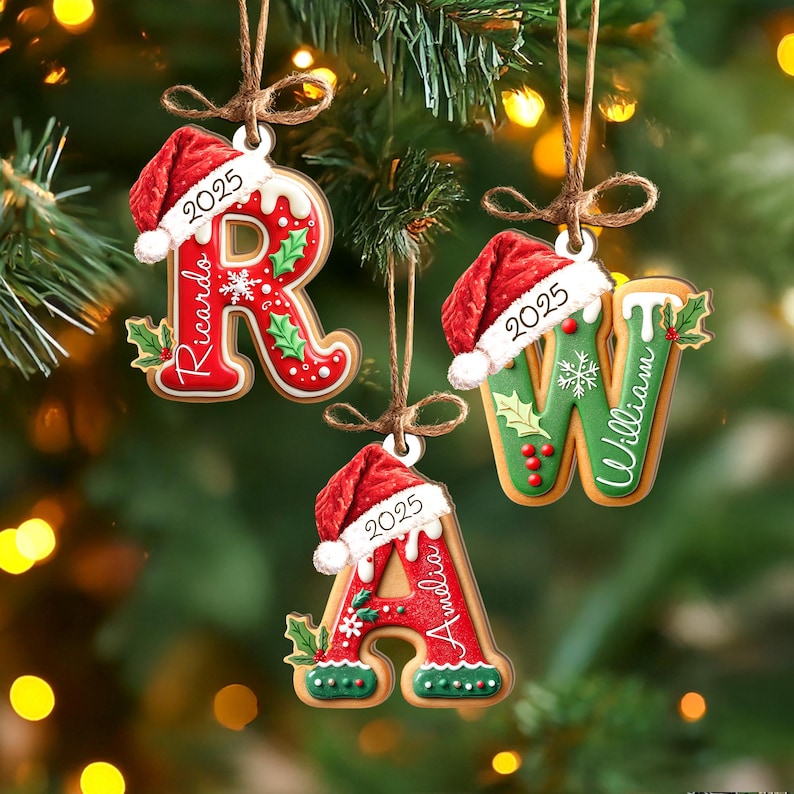 Pu&ograve; includere: Addobbi natalizi a forma di lettere R, W e A, ciascuno con un cappello da Babbo Natale e l'anno 2025. Gli ornamenti sono rossi e verdi con nomi come Ricardo, William e Amelia. Sono appesi con dello spago.