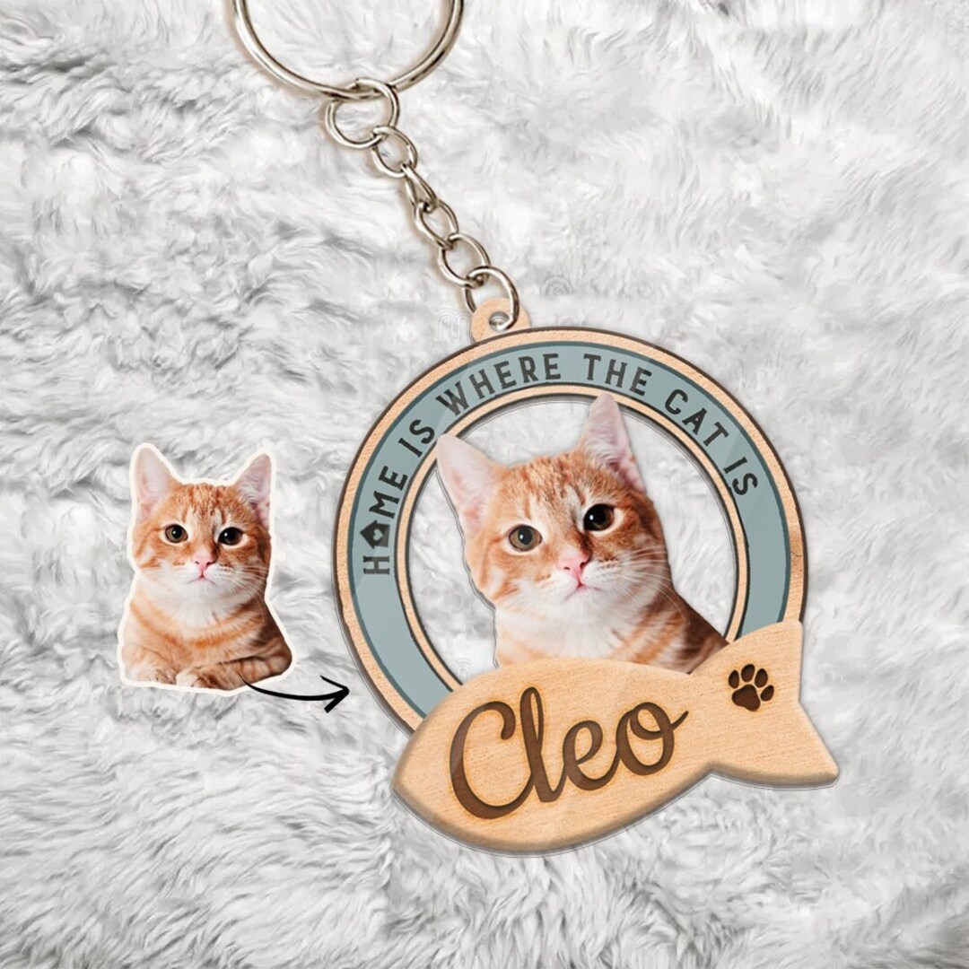 Personalized Cat Photo Keychain, Custom Cat Portrait From Photo