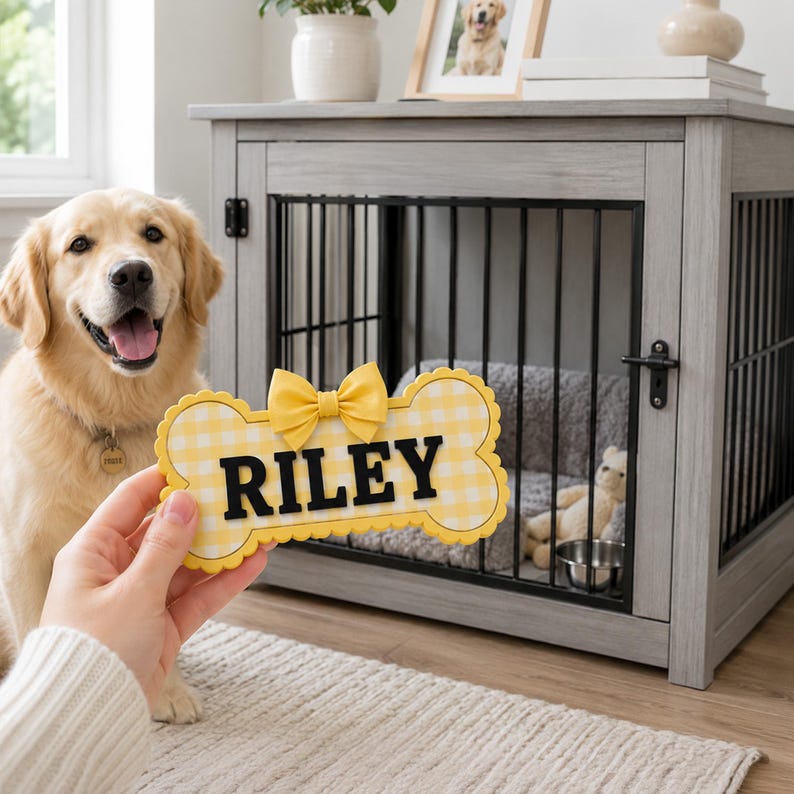 Puede incluir: Un letrero con forma de hueso con un patr&oacute;n de cuadros vichy amarillo y blanco y un lazo amarillo, con el nombre RILEY en letras negras en negrita. El letrero se sostiene frente a una jaula de madera gris con barrotes negros y una cama gris.