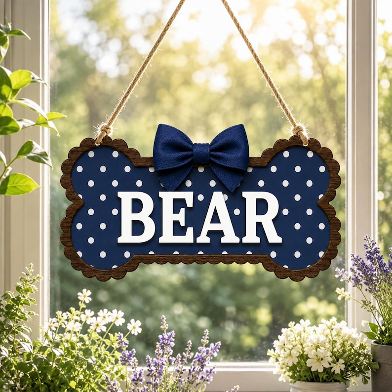 Puede incluir: Un letrero colgante con forma de hueso con fondo azul oscuro, lunares blancos y la palabra BEAR en letras may&uacute;sculas blancas. El letrero tiene un borde festoneado marr&oacute;n oscuro y un lazo de tela azul oscuro en la parte superior.