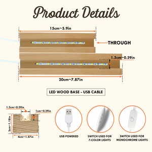 May include: A wooden LED light strip base with a USB cable. The base is 20 cm long and 4 cm wide. The light strip is 15 cm long and 1.5 cm wide. The base has a switch for 7-colour lights and a switch for monochrome lights.