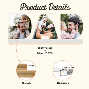 May include: A wooden sign spelling "DAD" with a white background and photos of a father and his children. The sign is 15 cm or 20 cm wide and 1.5 cm thick.