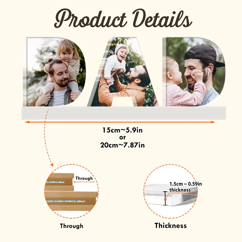 May include: A wooden sign spelling "DAD" with a white background and photos of a father and his children. The sign is 15 cm or 20 cm wide and 1.5 cm thick.