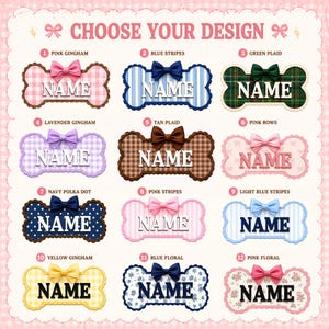 Puede incluir: Una colecci&oacute;n de doce etiquetas con forma de hueso que presentan varios patrones, incluyendo cuadros vichy, rayas, tart&aacute;n, lunares y estampados florales. Cada etiqueta tiene un peque&ntilde;o lazo y muestra la palabra NAME en letras may&uacute;sculas.