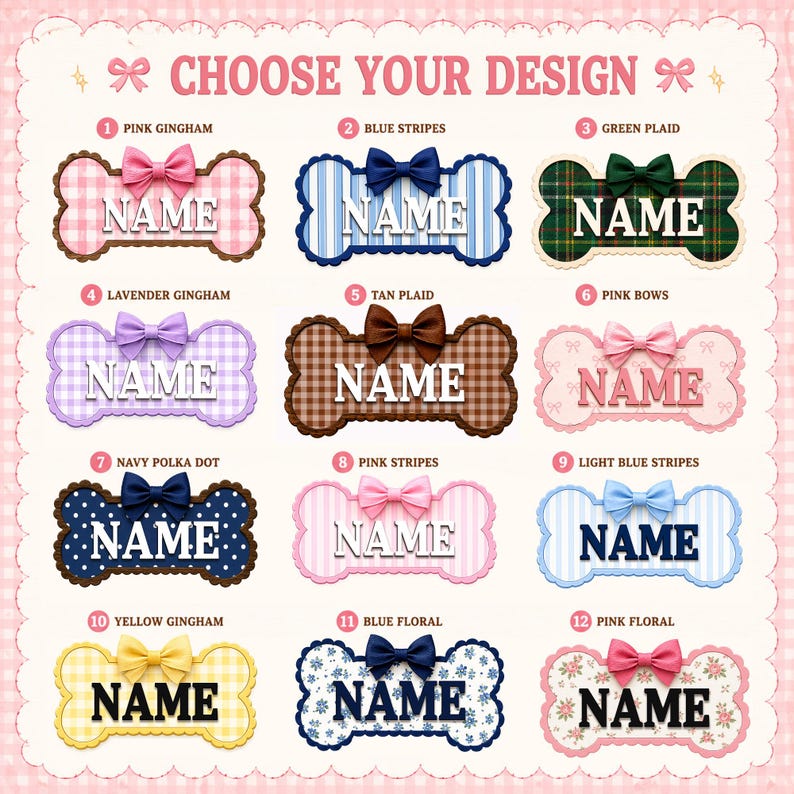 Puede incluir: Una colecci&oacute;n de doce etiquetas con forma de hueso que presentan varios patrones, incluyendo cuadros vichy, rayas, tart&aacute;n, lunares y estampados florales. Cada etiqueta tiene un peque&ntilde;o lazo y muestra la palabra NAME en letras may&uacute;sculas.