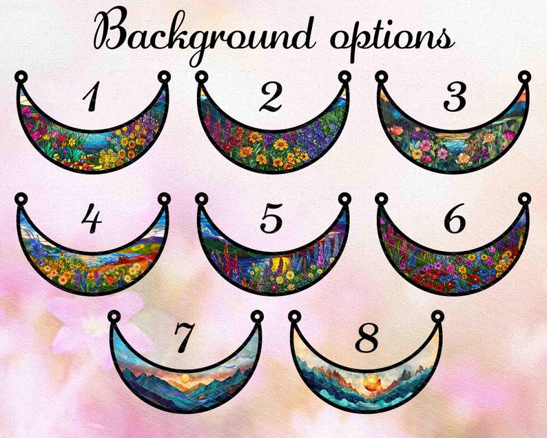 May include: Eight different crescent moon background options for digital art and design. Each option features a different colorful floral or landscape design.