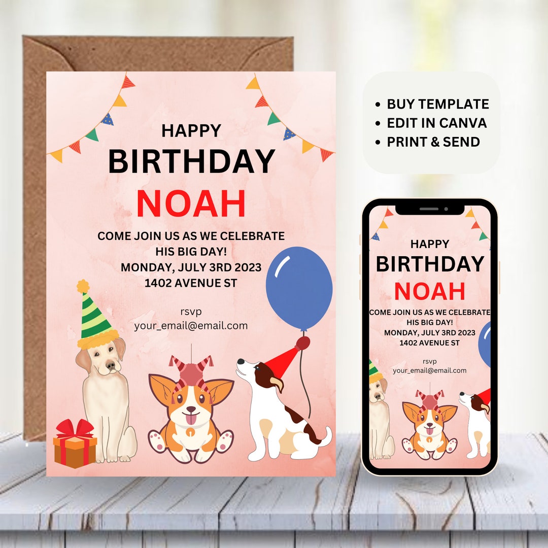 Cute Dogs BIRTHDAY Invitation Editable Pastel Dog Birthday Party Invite ...