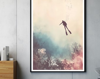 Diver Art Print | Vintage Diving Illustration | Modern Underwater Wall Art | Minimalist Ocean Decor | Gift for Scuba Divers and Ocean Lovers