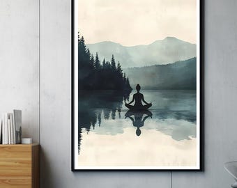 May include: A watercolor painting of a person meditating in a lotus position on a lake with mountains and trees in the background.