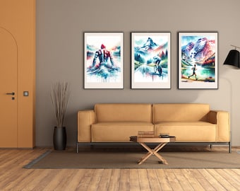 May include: Three framed watercolor paintings depicting outdoor activities. The first painting shows a person swimming in a lake. The second painting shows a person biking on a road. The third painting shows a person running on a path.