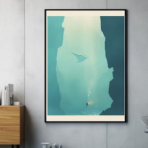 Impresión artística de buzo | Arte de pared de buceo minimalista | Decoración de aventuras submarinas | Regalo para buceadores y amantes del océano | Póster sin marco