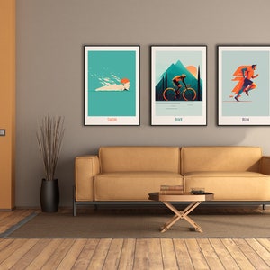 Triathlon wall art - set of 3 - swimming - cycling - running | Abstract poster set | Unique prints set | without frame | T02