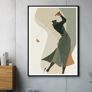 Könnte beinhalten: Abstrakter Kunstdruck eines Golfspielers beim Schwung. Das Kunstwerk zeigt eine Figur in Grün-, Schwarz- und Beigetönen, mit einem Golfschläger und Ball. Der Druck ist in einem schwarzen Rahmen eingefasst.