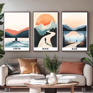 Conjunto de pôsteres de triatlo - Natação | Bicicleta | Corrida - Arte Esportiva Abstrata | Conjunto de 3 fotos de parede de triatlo | Sem moldura T26