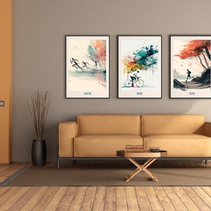 Triathlon wall art - set of 3 - swimming - cycling - running | Abstract poster set | Unique prints set | without frame