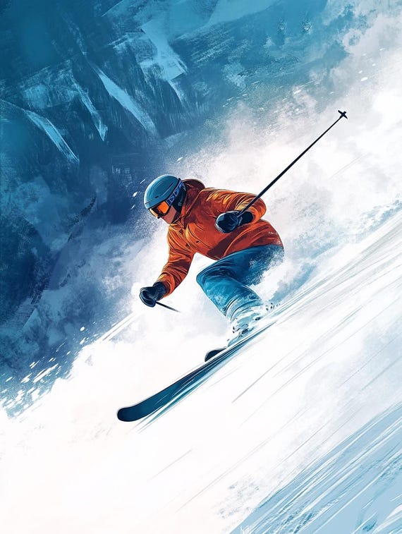 Skiing Poster Set - Set of 3 Wall Art With Dynamic Skiers in an
