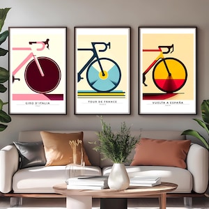Arte mural de bicicleta de carretera - CONJUNTO DE 3 - Tour - Giro - Vuelta | Conjunto de carteles de ciclismo minimalistas | Conjunto de impresiones de bicicletas de carretera | sin marco | Gran Tour|  GTV02