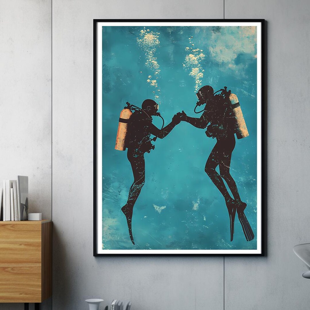 Diver Art Print | Vintage Diving Illustration | Modern Underwater Wall ...